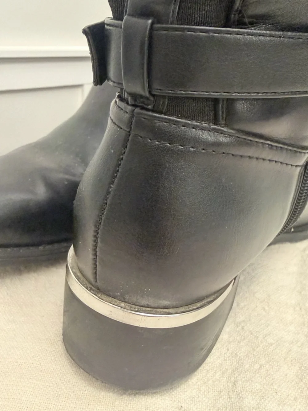Calvin Klein Knee High Boots • Black Leather • CK Logo Strap • Size 9